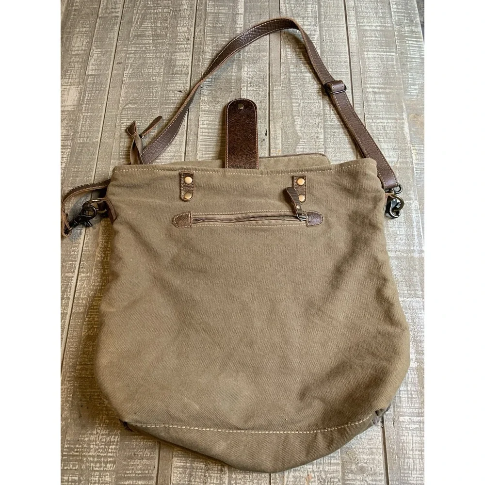 Myra Bag Angle Tangle Leather Cotton Canvas Shoulder Crossbody W/Pockets Purse
